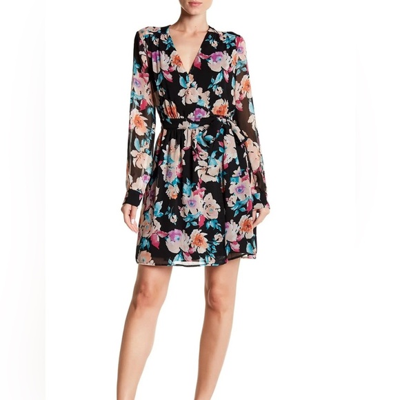 Leyden Dresses & Skirts - 🌹 Leyden Floral Wrap Long Sleeve, Front Tie, Black, Pink Blue